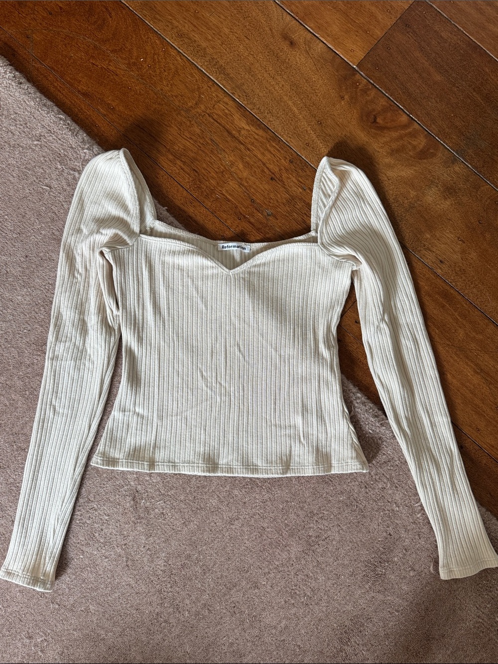 Reformation Ribbed Long-Sleeve Square Neck Top - Cream